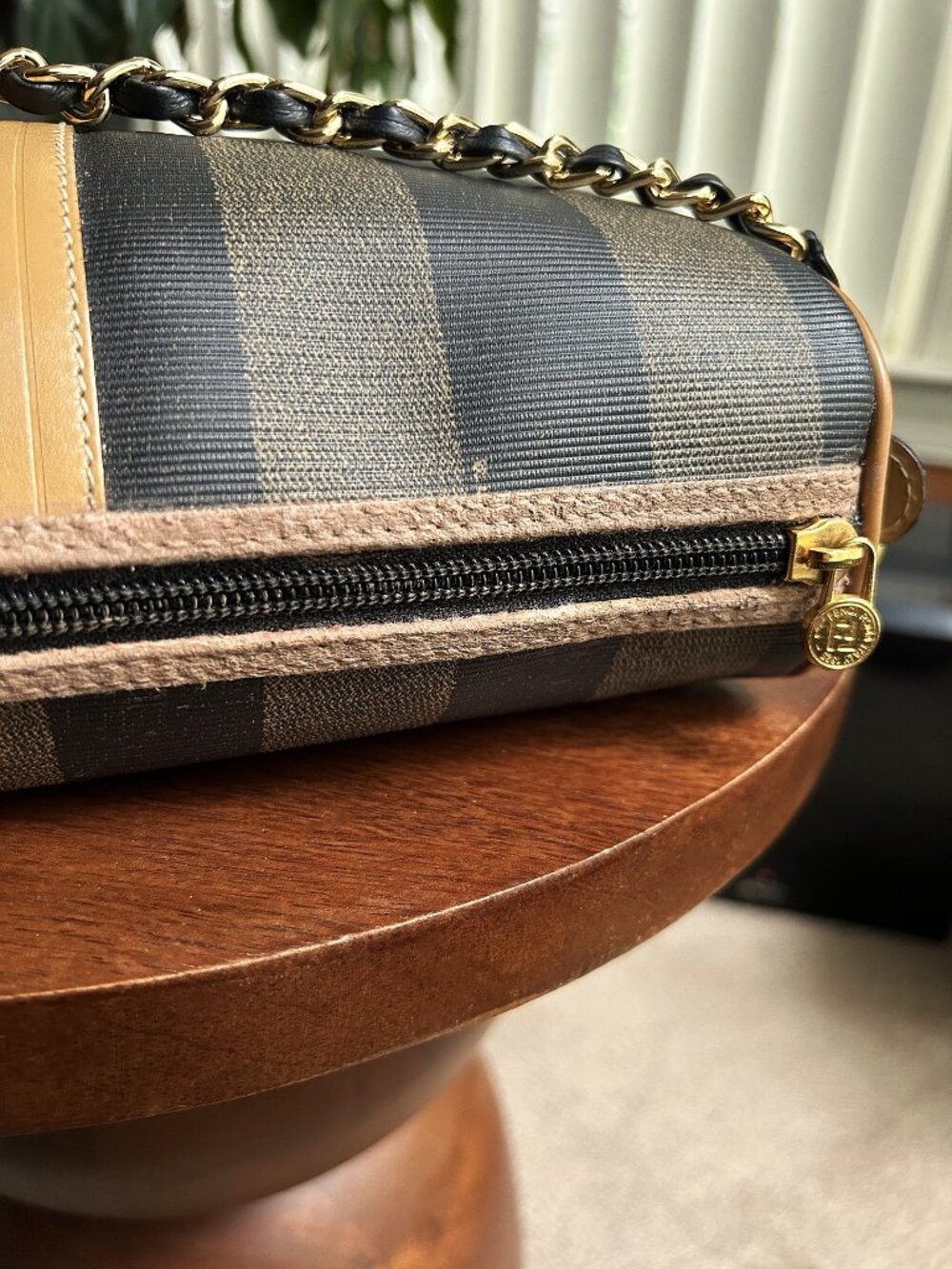 FENDI Pequin Stripe Shoulder Bag, Tobacco, Black, Natural Tan - Picture 10 of 13